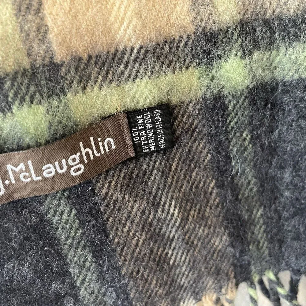 J McLaughlin Extra Fine Merino Wool Scarf Plaid Made In Ireland